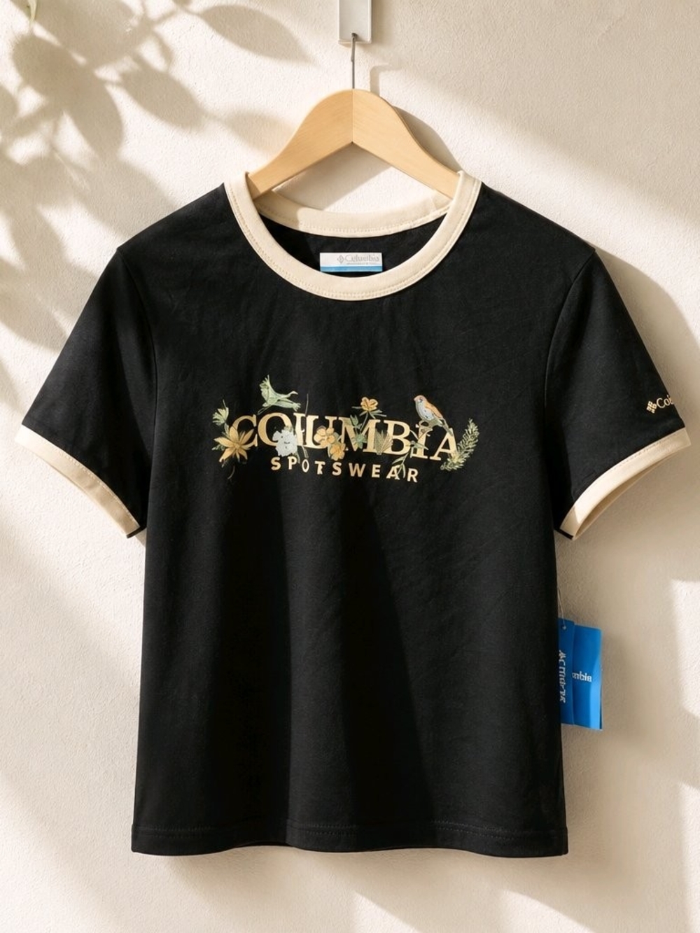 Columbia Black Crewneck Logo Tee with Cream Trim